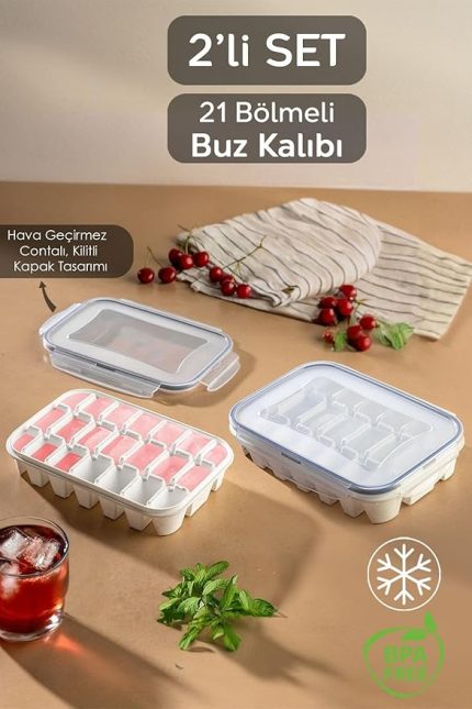 Home 2'li 21 Bölmeli Sızdırmaz Kilitli Buz Kalıbı Seti - Kapaklı Hava Geçirmez Buzluk - Vakumlu Buz Kabı