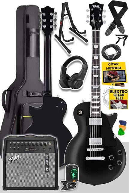 GRX-200BK-50-AMP Les Paul Kasa Elektro Gitar Seti 50 Watt Gainli Şarjlı Amfi ve Full Set (H-H)