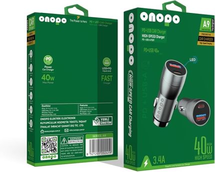USB + Type-C Çıkışlı Metal Araç Şarj Cihazı 3.4A 40W – Hızlı Şarj Destekli – Model A9