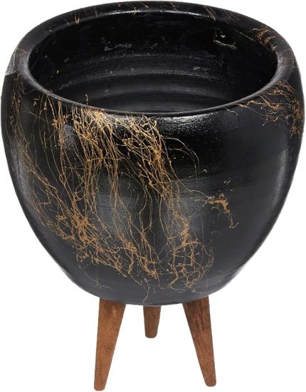 Siyah Üzeri Gold Mermer Efektli Toprak Saksı, İkili Set, 3 Ayaklı/Ayaksız 16 cm