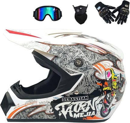 Tam Yüz MTB Kask Eldiven Maske Kask, Motosiklet Motokros Yetişkin Kask seti Motosiklet arazi Kaza Kask Koruyucu Ekipman DOT Sertifikalı, (White, XL)