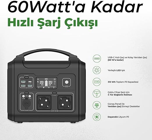 PS600 Taşınabilir Güç İstasyonu, 600W Güçlü Power Station | Deprem ve Kamp İçin Portatif Enerji Kaynağı, Güç Kaynağı Jenaratör (PS600) - Görsel 3