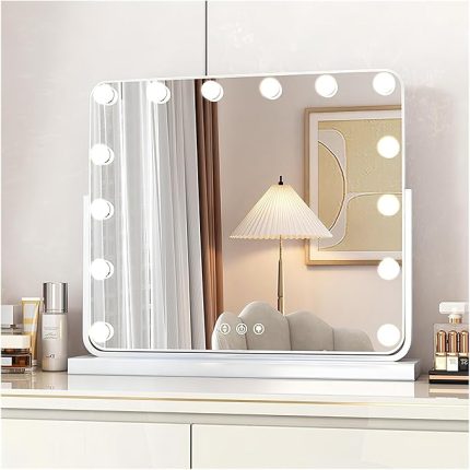 LED Ampullü Hollywood Makyaj Aynası 3 Renk Aydınlatma Modu Yatak Odası ve Giyinme Odası için Dönebilen Makyaj Aynası Büyük 50x42 cm (19,7x16,5 inç) - Şık Beyaz