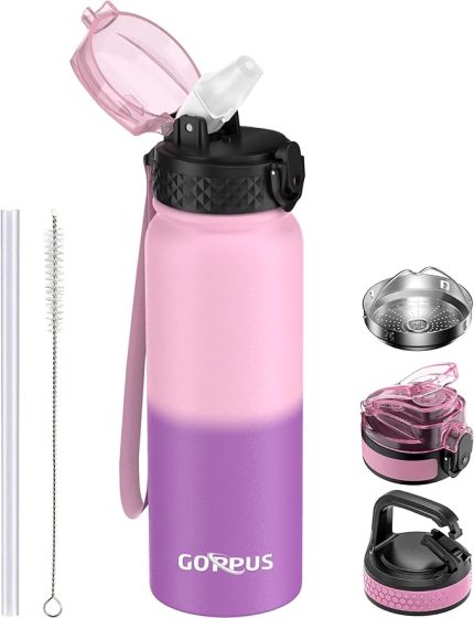 600ml/20oz Paslanmaz Çelik Su Şişesi Saman Yalıtımlı Spor Şişesi Saman ile Soğuk Şişe Çift Duvarlı Flip up Metal Su Şişeleri Spor Salonu Sporları için Sızdırmaz Su Şişesi