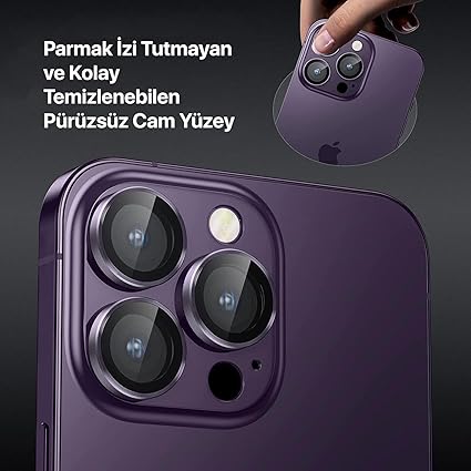 iPhone 15 Pro - 15 Pro Max / 14Pro - 14ProMax Modellerinin Tümüne Uyumlu Alüminyum Alaşım Çerçeveli ve 9H Sertliğinde Temperli Camlı Lens Koruyucu (Mor) - Görsel 2