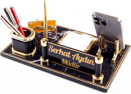 Royal Mermer Desen Ahşap Gold Kalemli Masa İsimliği Ofis Masaüstü İsimlik Seti Ofis Hediye Yeni İş