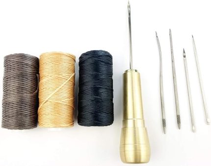 5 İğneli El Dikiş Seti, Ayakkabı Tamiri için Bakır Saplı Dikiş ve 150D/150m Dikiş Mumlu İplik Kendin Yap Dikiş Kanvas/Deri El Sanatları için (Altın)