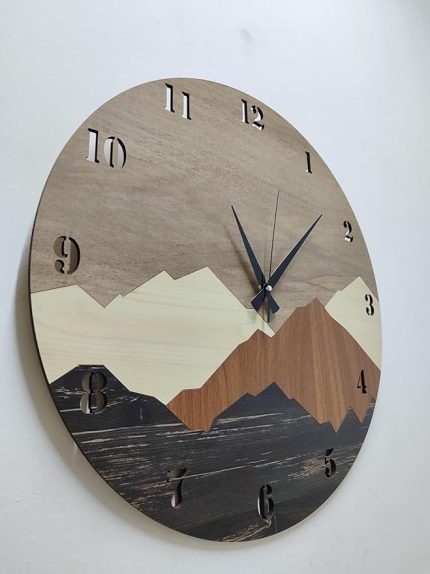 Rustik Dağ Motifli Ahşap Duvar Saati 50 cm