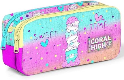 High Renkli Dondurmalı Kedi İki Bölmeli Kalem Çantası - Kız Çocuk