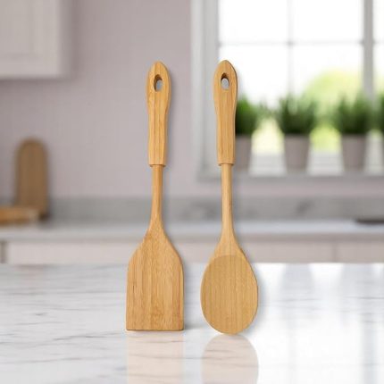 Bambu 2'li Servis Seti, Tavalarınız ve Kızarmanız İçin Spatula, Servisleriniz İçin Büyük Kaşık | 2 Adet Lüks Bambu Set