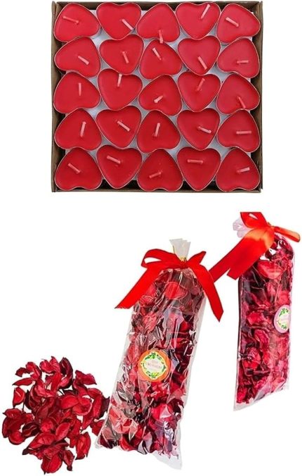 Mum + 700 Kuru Gül Yaprağı, Kalpli Mum Ve Kuru Gül Yaprakları