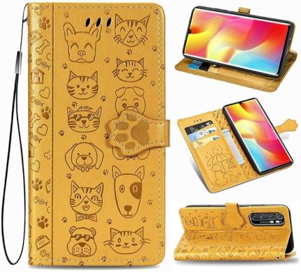 Xiaomi Mi Note 10 Lite için Kılıf, Sevimli Kedi ve Köpek PU Deri Kapaklı Mıknatıs Cüzdan Standı Kart Yuvaları Xiaomi Mi Note 10 Lite için El Askılı Koruyucu Kılıf (Sarı)