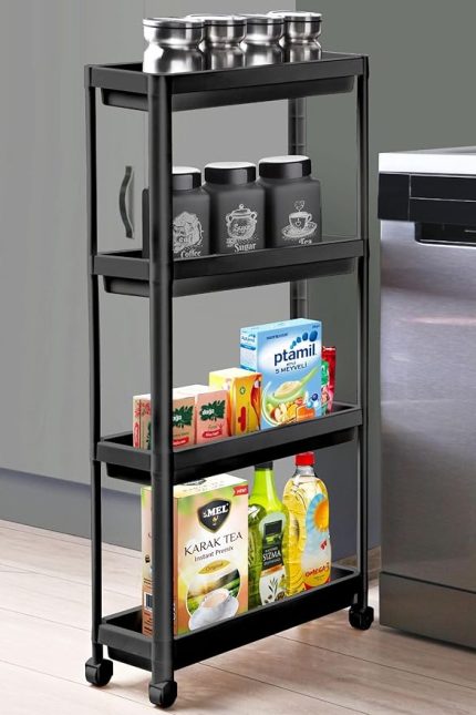 Home Tekerlekli Raf Ünitesi 4 Katlı Mutfak Rafı Banyo Rafı Banyo Düzenleyici Dar Alan Organizer Siyah