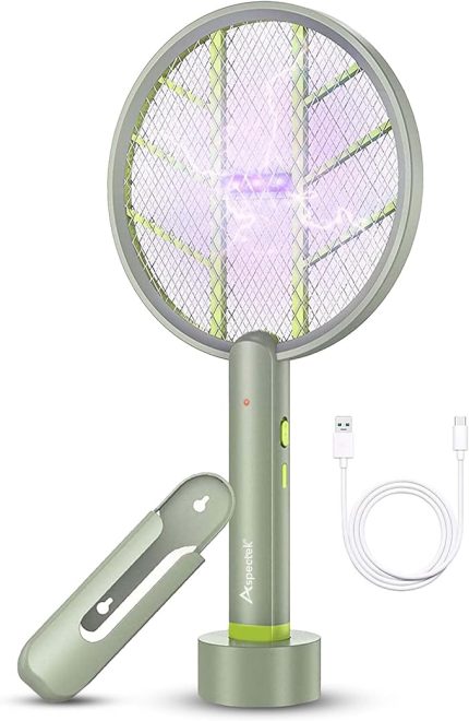 İç ve dış mekan kullanımı için 3000 V Elektrikli Fly Swatter, taşınabilir, şarj edilebilir Bug Zapper raketi, geliştirilmiş pil ömrü, USB şarj kablosu, duvar braketi