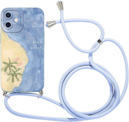 iPhone 12 Mini için cep telefonu bandı cep telefonu kılıfı, bantlı, estetik çiçekler plaj desenli kılıf zincir kılıf, silikon koruyucu kılıf, ipli kolye kılıfı, iPhone 12 Mini 5,4 inç için