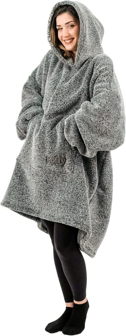 Oversize Giyilebilir Battaniye TEK BEDEN ÇOK RAHAT Unisex Hoodie Peluş Kapüşonlu Sweatshirt (Gri-Siyah)