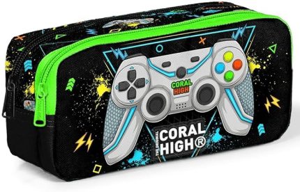 High Siyah Fosforlu Yeşil Gamer İki Bölmeli Kalem Çantası - Erkek Çocuk