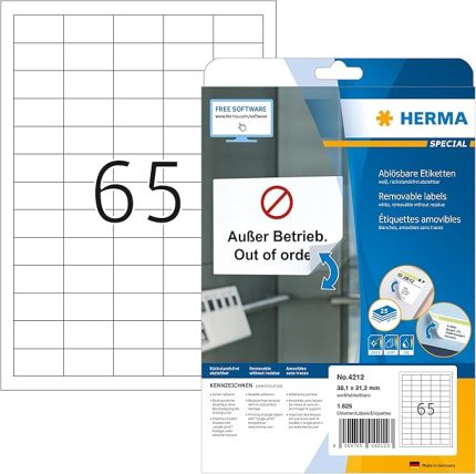 Evrensel Etiket Çıkarılabilir, 25 Yaprak, 38,1 x 21,2 mm, A4 Yaprak Başına 65 Adet, 1625 Çıkartma, Kendinden Yapışkanlı, Yazdırılabilir, Mat, Beyaz