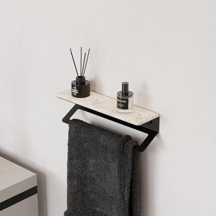 Unique Mermer Detaylı Paslanmaz Çelik Havluluk, Yapışkan & Vida Montaj Seçeneği-Raflı Havlu Askısı