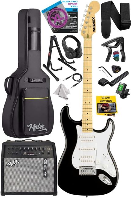 RPH-40WB-50AMP Siyah Beyaz 50W Şarjlı BT Amfili Elektro Gitar Seti HSH Manyetik Maple Klavye