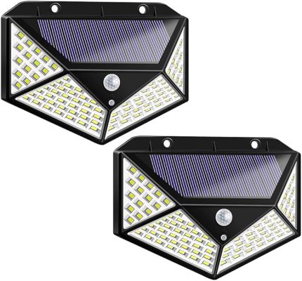 Güneş enerjili bahçe lambası, dış mekan, 2 adet kızılötesi sensörlü lamba, güneş enerjili lamba, dış avlu aydınlatması, 100 LED'li, günlük kullanım için su geçirmez ışık (siyah)