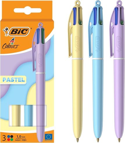 4 Colours Pastel Gövde Tükenmez Kalem 3'lü Blister, 4 Farklı Renk (Mavi, Siyah,Yeşil ve Kırmızı), 1.0 mm. Uç