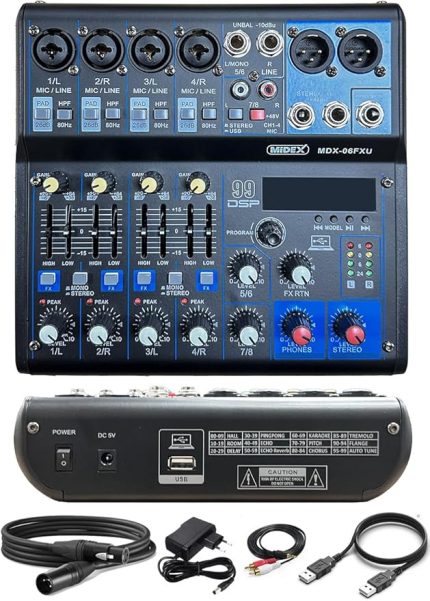 MDX-06FXU Ses Mikseri Stüdyo Kayıt İçin 6 Kanal Ses Kartlı 99 DSP Efektli (+48V-USB-Bluetooth)