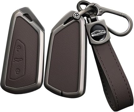 Araba Anahtarı Kılıfı Kapak VW Golf 8 R ID4 ID5 ID.7 Seat Leon FR Mk4 Cupra Formentor Skoda Octavia A8 MK8 için Çinko Alaşım Deri Koruyucu Kılıf Anahtar Kılıfı Aksesuar 3 Tuş-B Kahverengi