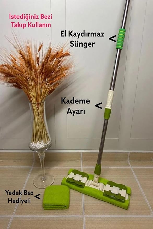 Teleskobik Mandallı Mop.Yedek Bez Hediyeli.Fayans,Duvar,Yüzey ve Cam Temizlik Paspası Yeşil - Görsel 2