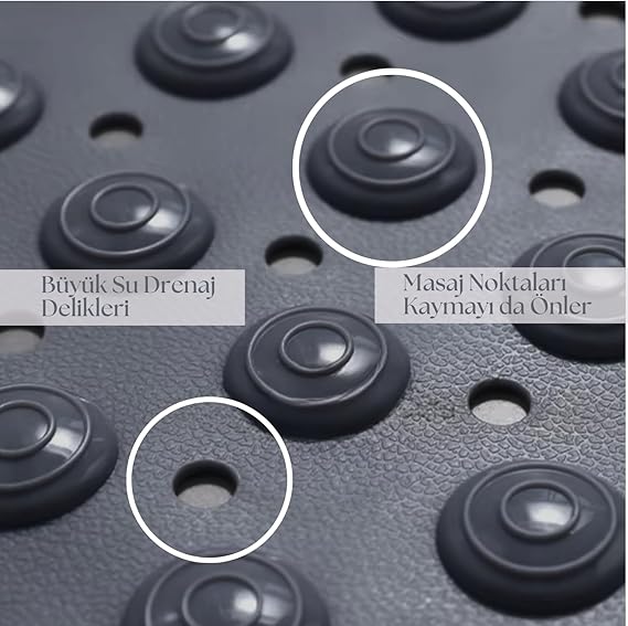| Kaymaz Banyo Paspası | Antrasit Gri | 69,5x36cm – Dikdörtgen Duş Matı, Küvet Paspası | Güçlü Vantuzlu, Su Tahliyeli, Masaj, Fırçalı | Makinede Yıkanabilir | Kaydırmaz Zemin Matı - Görsel 2