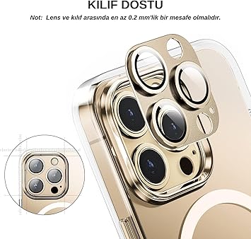 iPhone 11/12 Mini için Tek Parça Darbeye Dayanıklı Kamera Lens Koruyucu, Gece Çekim Modu Uyumlu, HD Alüminyum Alaşım Çerçeveli 9H Sertliğinde Temperli Cam (Gold) - Görsel 2
