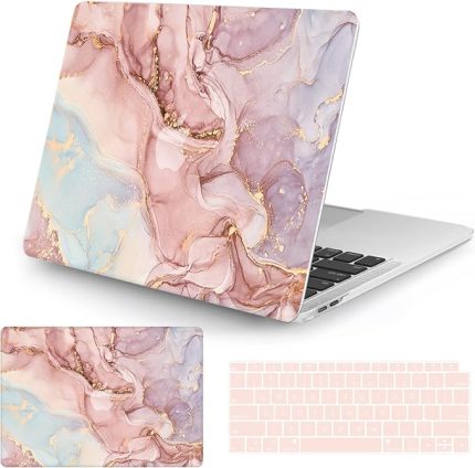 MacBook Pro 13 inç Laptop Kılıfı 2020 Release M1 A2338/A225/A2289 Touch ID ile Uyumlu Kılıf, Mermer Desenli Tasarımlı Koruyucu Plastik Sert Kabuk Kılıf ve Klavye Kapağı, Mermer Pembesi