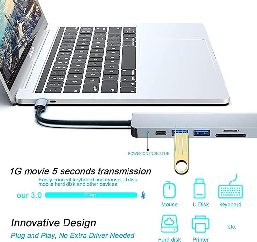 USB C HUB, MacBook Pro ve Hava Aksesuarları için Çoklu Bağlantı Noktalı USB C Adaptörü, 4K HDMI, USB 3.0, SD/TF Kart Okuyucu, 100W PD Dizüstü Bilgisayar ve Diğer C Tipi Cihazlar için Uyumlu - Görsel 4
