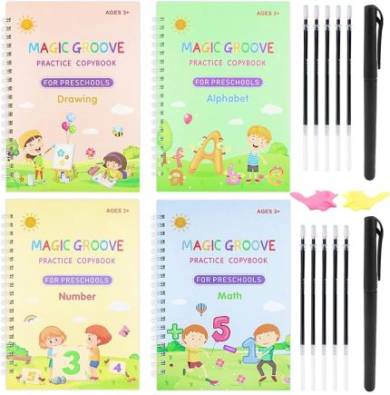 4 adet sihirli kitapçık, çocuklar için sihirli öğrenme defteri, 2 Magic Pen 10 dolum 2 yazma yardımı, tekrar kullanılabilir el yazısı, çocuklar için, kaligrafi, rakamlar, çizim, harfler