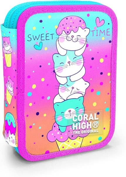 High Kids Renkli Dondurmalı Kedi Desenli Çift Katlı Kalem Çanta 11139