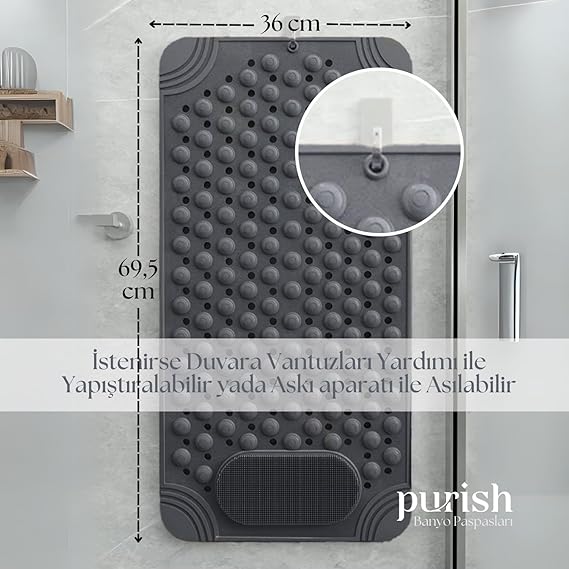 | Kaymaz Banyo Paspası | Antrasit Gri | 69,5x36cm – Dikdörtgen Duş Matı, Küvet Paspası | Güçlü Vantuzlu, Su Tahliyeli, Masaj, Fırçalı | Makinede Yıkanabilir | Kaydırmaz Zemin Matı - Görsel 5