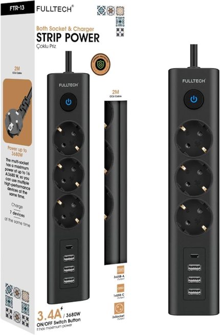 Akım Korumalı 3'lü Priz, Çoklu Priz, Çocuk Korumalı ve Isıya Dayanıklı Yapı, 3x Priz Girişi, 3x Usb Girişi, 1x Type-C Girişi, 2 Metre Uzatma Kablosu