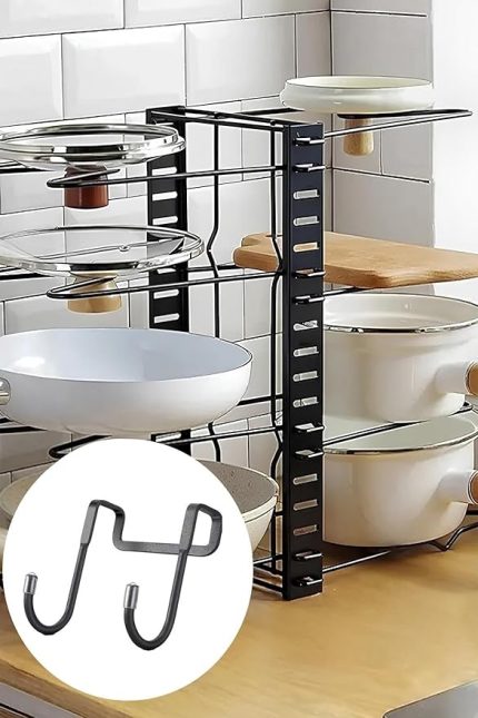 Ayrılabilir Mutfak Depolama Fonksiyonlu Tencere Tava Düzenleyici ve 2 Kancalı Askı Seti Siyah Tek Ebat