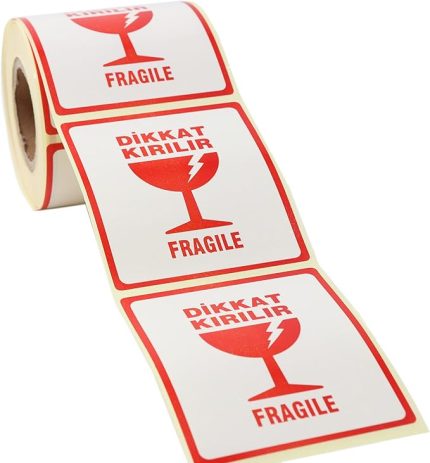 Kırılır Etiketi, Fragile Label 70mm x 80mm Ruloda 250 Adet Sticker, Koli İçin Çıkartma Güvenlik Etiketi, Dikkat Kırılır Uyarı
