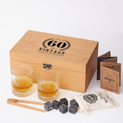 Yaş Tasarımlı Ahşap Kutulu 2'li Glasgow Viski Kadeh Seti + 6 Soğutucu Taş
