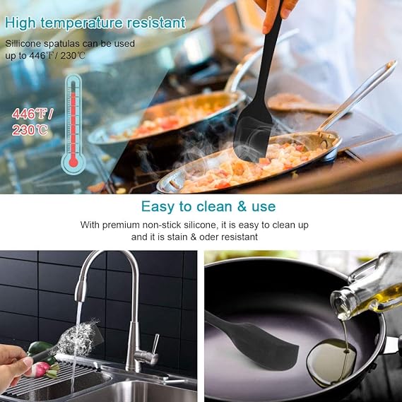 Silikon mutfak yardımcısı, 6 adet silikon spatula, çorba kaşığı, fırın fırçası, spatula, ısıya dayanıklı ve yapışmaz, paslanmaz çelik ve dikişsiz tek parça tasarım (siyah) - Görsel 5