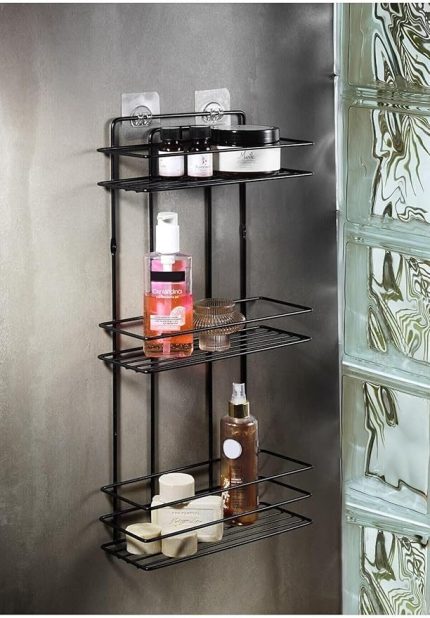 Haus Ömür Boyu Paslanmaz Yapışkanlı Metal Termo Plastik Banyo Düzenleyici Şampuanlık Duş Rafı Siyah Tş-03