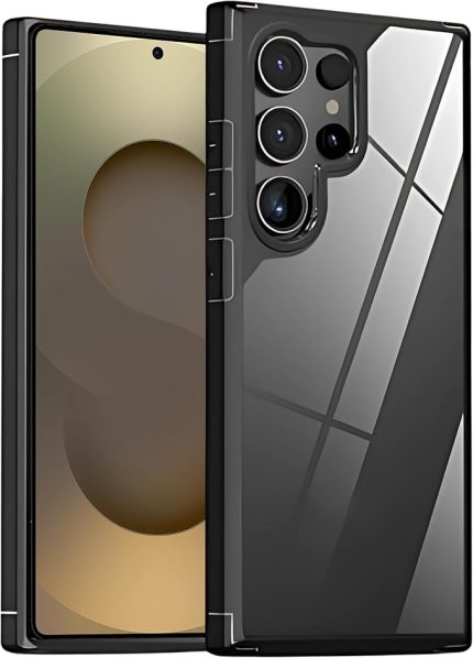 Samsung Galaxy S25 Ultra için Şok Emici Silikon Kenarlı Şeffaf Kılıf Arkası Sararmaya Karşı Sert PC Yapılı Parmak İzi Tutmayan Çizilme ve Darbelere Dayanıklı Premium Hibrit Kılıf (Siyah)
