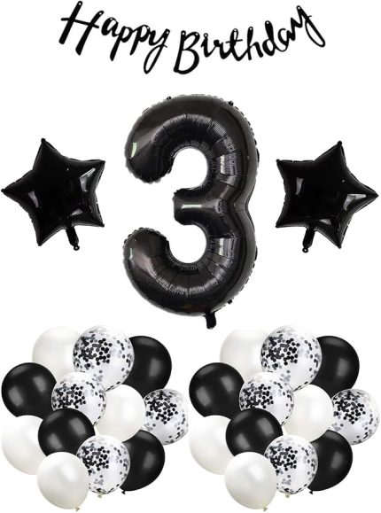 Gitti Siyah Konsept Doğum Günü Kutlama Seti; Beyaz Siyah Konfetili Balon, Rakam Yıldız Folyo ve Banner (3 Yaş)