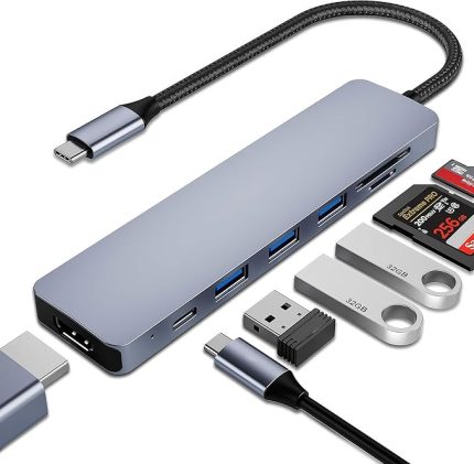 7’si 1 Arada USB-C Çoklayıcı Hub – HDMI, 3 USB 3.0, SD/TF Kart, 100W PD Güç Girişi, MacBook, iPhone 15, Samsung, Windows ve USB-C Cihazlarla İle Uyumlu