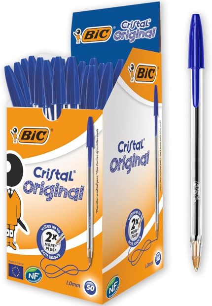 Cristal Medium Tükenmez Kalem Mavi 50'li Kutu, 1.0 mm Orta Kalınlıkta Uç, Şeffaf Gövde, Delikli Kapak