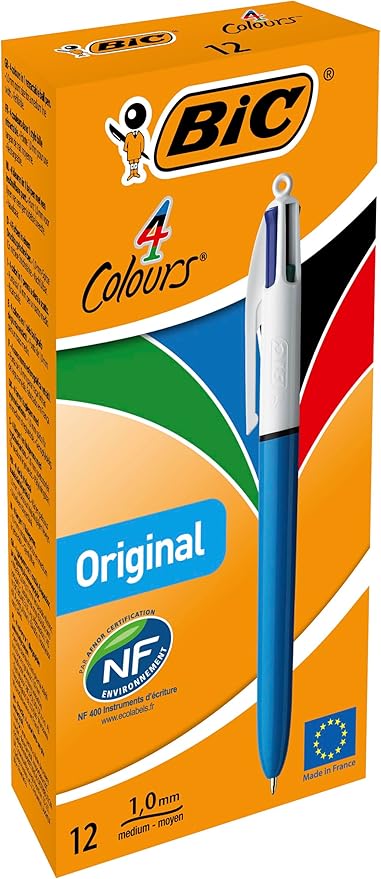 4 Colours Medium Tükenmez Kalem, 12'li Kutu, 1.0mm Uç, Tek Kalemde Mavi, Kırmızı, Yeşil ve Siyah Renkler