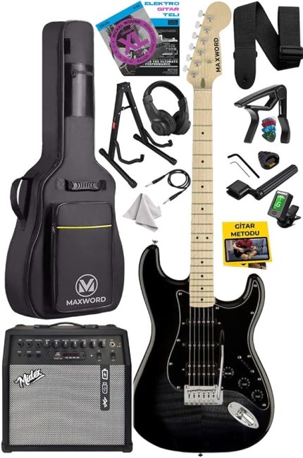 MAP-45BK-50AMP 50W Şarjlı BT Amfili Siyah Elektro Gitar Seti HSS Manyetik Maple Klavye Strat Kasa