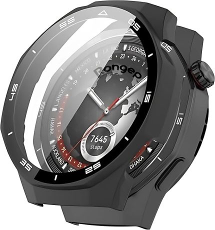 Huawei Watch GT5 Pro 46mm için 2’si 1 Arada Sert Polikarbonat Kasa ve Ekran Koruyuculu Kılıf Dokunma ve Netliği Etkilemeyen Çizilme ve Darbe Önleyici GT5 Pro Ekran Koruyucu Kılıfı (Siyah)