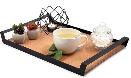 Büyük Ham Renk Servis ve Sunum Tepsisi, Metal Kulplu Ahşap Tepsi - 48,5x32 cm